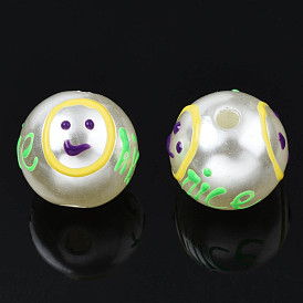 ABS Plastic Imitation Pearl Beads, with Enamel, Round with Expression & Word Nice