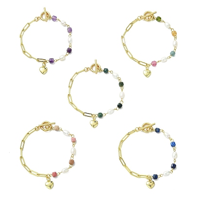 Браслеты с подвесками в виде сердечек из латуни, Браслеты из натуральных драгоценных камней и культивированного пресноводного жемчуга для женщин.