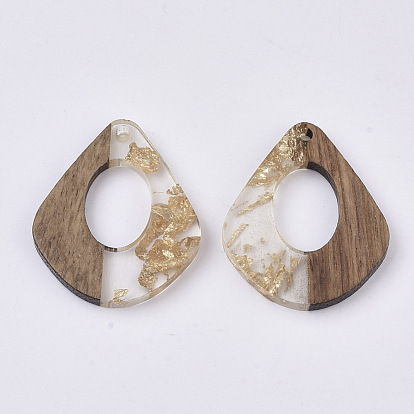 Transparent Resin & Walnut Wood Pendants, with Foil, Waxed, Teardrop