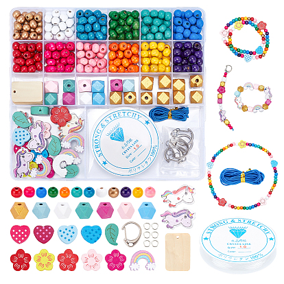 DIY Wood Beaded Bracelets and Keychains Making Kit, Including Polygon & Rainbow & Unicorn Wood Beads & Rectangle Pendants, Iron Keychain Clasps, 304 Stainless Steel Split Rings