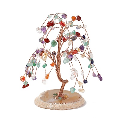 Natural Gemstone Chips and Natural Agate Pedestal Display Decorations, Healing Stone Tree, for Reiki Healing Crystals Chakra Balancing, with Rose Gold Plated Brass Wires, Lucky Tree