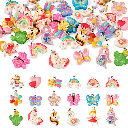 36Pcs 18 Styles Opaque & Transparent Resin Pendants, with Platinum Tone Iron Loops, Butterfly & Cactus & Flower, Mixed Shapes