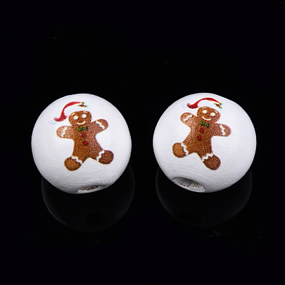Painted Natural Wood Beads, Christmas Style, Round with Gingerbread Man Pattern