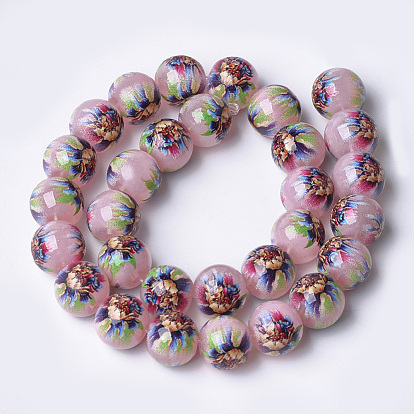 Printed & Spray Painted Imitation Jade Glass Beads, Round with Flower Pattern