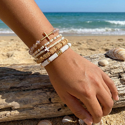 5шт. 5 стили браслет из стеклянных и смоляных бусин на эластичной основе, 304 Ювелирные украшения из нержавеющей стали с подвесками для женщин, Крест и плоский круглый