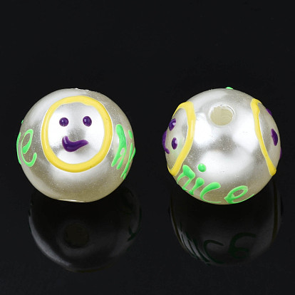 ABS Plastic Imitation Pearl Beads, with Enamel, Round with Expression & Word Nice