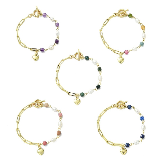 Браслеты с подвесками в виде сердечек из латуни, Браслеты из натуральных драгоценных камней и культивированного пресноводного жемчуга для женщин.