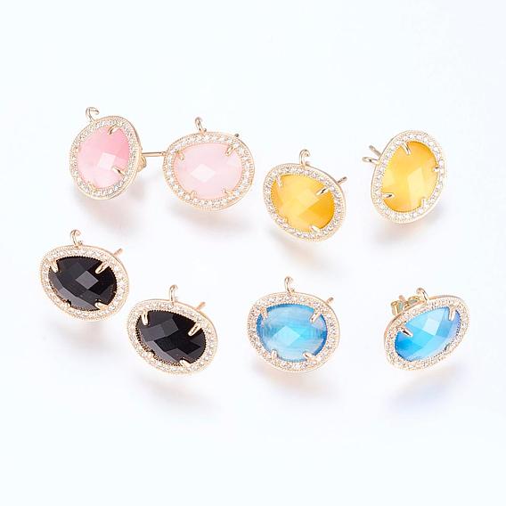 Brass Micro Pave Cubic Zirconia Stud Earring Findings, with Loop, Glass and Cat Eye, Oval, Golden