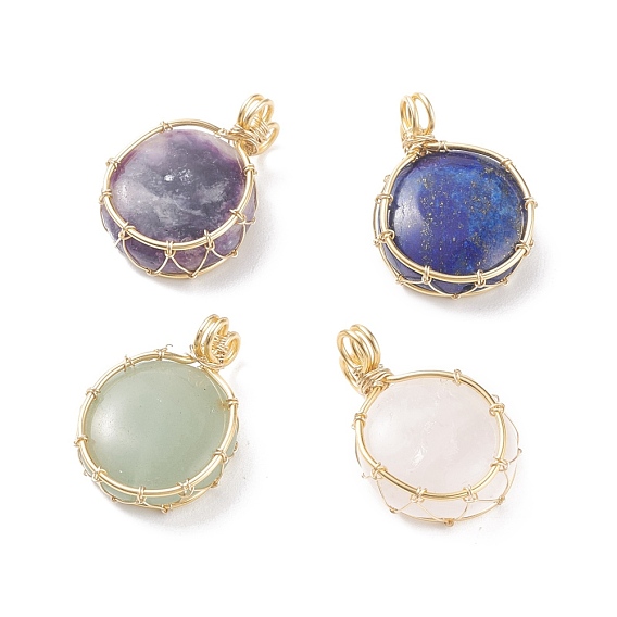 Natural Gemstone Copper Wire Wrapped Pendants, Real 18K Gold Plated, Flat Round