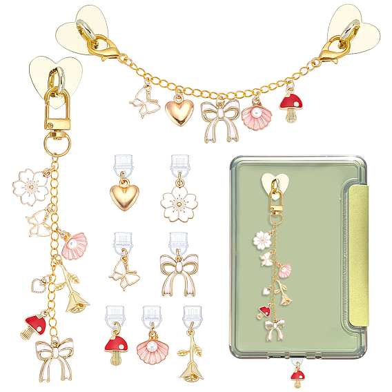 9 Lot de bouchons anti-poussière en PVC pour téléphone portable et support de téléphone en fer, avec des pendantifs en alliage d'émail, formes mixtes, or