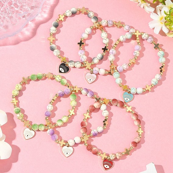 6Pcs 6 Colors Heart with Eye Alloy Enamel Charm Bracelets, Baking Paint Synthetic Turquoise & Brass Beaded Stretch Bracelets Set for Women