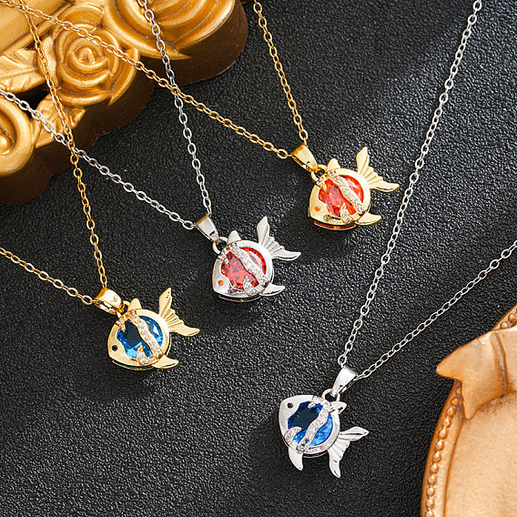 Ocean Brass Pave Cubic Zirconia Fish Pendant 201 Stainless Steel Cable Chain Necklaces for Women, Ion Plating(IP), Real 18K Gold Plated