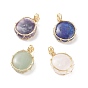 Natural Gemstone Copper Wire Wrapped Pendants, Real 18K Gold Plated, Flat Round
