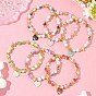 6Pcs 6 Colors Heart with Eye Alloy Enamel Charm Bracelets, Baking Paint Synthetic Turquoise & Brass Beaded Stretch Bracelets Set for Women