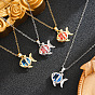 Ocean Brass Pave Cubic Zirconia Fish Pendant 201 Stainless Steel Cable Chain Necklaces for Women, Ion Plating(IP), Real 18K Gold Plated