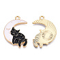 Light Gold Tone Alloy Enamel Pendants, Moon with Cat Charms