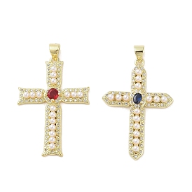 Real 18K Gold Plated Brass Micro Pave Cubic Zirconia Pendants, with Glass and ABS Plastic Imitation Pearl, Cross