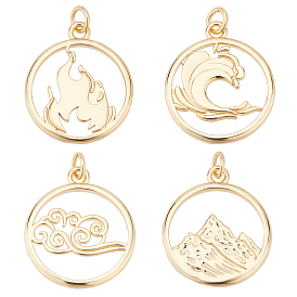 8Pcs 4 Style Brass Pendants, with Jump Ring, Long-Lasting Plated, Flat Round