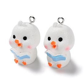Opaque Resin Pendants, Chick with Book Charms, with Platinum Tone Iron Loops