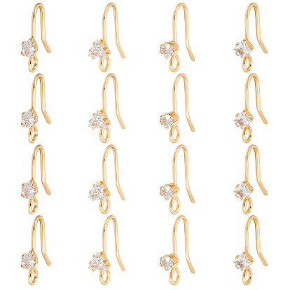 32шт. 4 стили латунные серьги-крючки с прозрачными кубическими циркониями, без никеля , плоско-круглые, с петлей