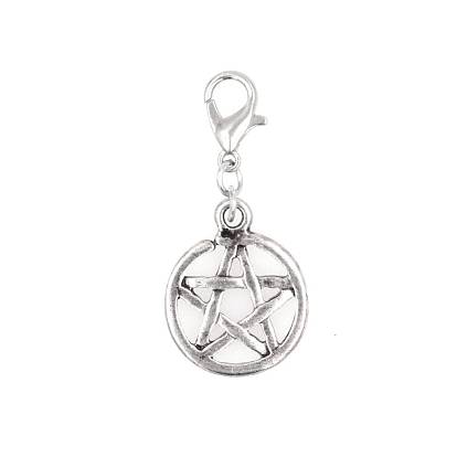Pendentifs pentacle en alliage, avec fermoir pince de homard, plat et circulaire avec étoile