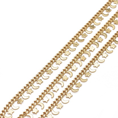 Brass Curb Chains, with Star & Moon Brass Charms and Spool, Long-Lasting Plated, Soldered