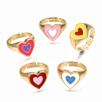 Anillos de dedo de latón esmaltados ajustables, sin níquel, corazón, real 16 k chapado en oro