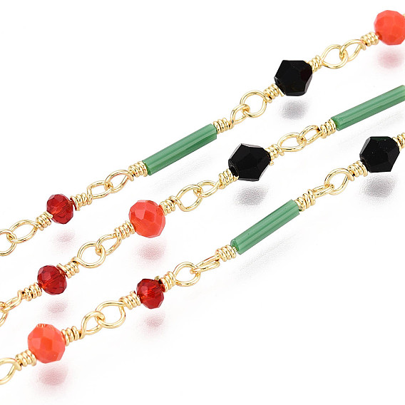 Цепочки ручной работы из латунных звеньев и стеклянных бусин, с катушкой, пайки, реальный 18 k позолоченный