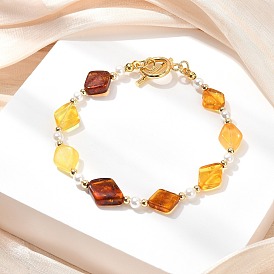 Эластичные браслеты из натурального янтаря и жемчуга, украшенные перламутровыми бусинами, для женщин., ромб, С латунными круглыми бусами, реальный 14 k позолоченный
