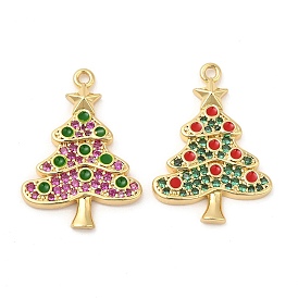 Rack Plating Brass Pave Cubic Zirconia Pendants, Real 18K Gold Plated, Long-Lasting Plated, Cadmium Free & Lead Free, Christmas Tree