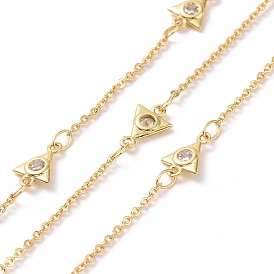 Clear Cubic Zirconia Triangle Link Chains, with Brass Cable Chains, Unwelded, with Spool, Cadmium Free & Nickel Free & Lead Free