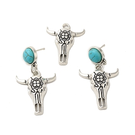Synthetic Turquoise & Cattle Alloy Pendant Studs Earrings Sets, 316 Steel Needle Jewely for Women
