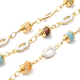 Handmade Natural Gemstone Column Beaded Chains, Real 18K Gold Plated Brass Enamel Lip Link Chains, Soldered, with Spool, Cadmium Free & Lead Free