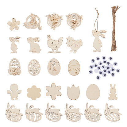 Деревянные вырезы орнаменты, с джутовым шпагатом, пасхальные подвесные украшения, для украшения дома подарка партии, цветок с яйцом и слово счастливой пасхи