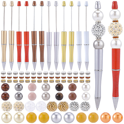 DIY Beadable Pens Making Kits, include 12Pcs 6 Styles Plastic Beadable Pens, 45Pcs 3 Styles Brass Rhinestone Spacer Beads