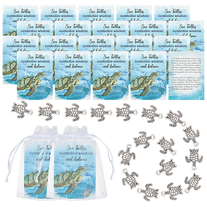 50Pcs Tibetan Style Alloy Pendants, Tortoise Charms, with 50Pcs Organza Gift Bags & 50Pcs Paper Card, for DIY Turtle Souvenir Card Making