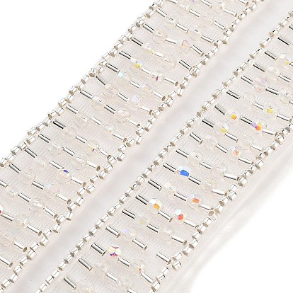 Polyester Lace Trims, with ABS Imitation Pearl Beads and Glass