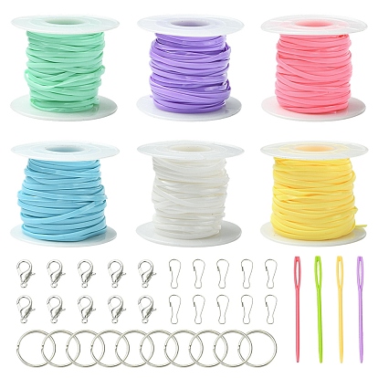 Сделай сам наборы для ключей, включая 6 рулоны резинового шнура, 20 железные разрезные брелоки для ключей, 20застежка-карабин из цинкового сплава, 5 шт. иглы и 20 шт. железная фурнитура для брелка