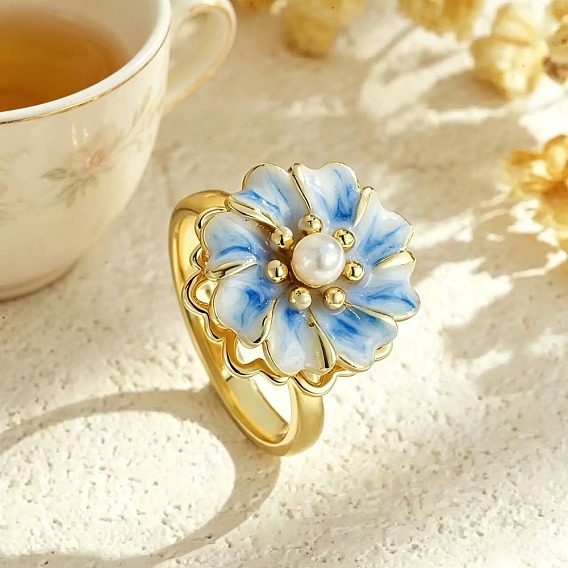 Brass Enamel Rotating Finger Rings for Women, Flower, with Imitation Pearl, Fidget Spinner Ring for Calming Worry Meditation, Golden