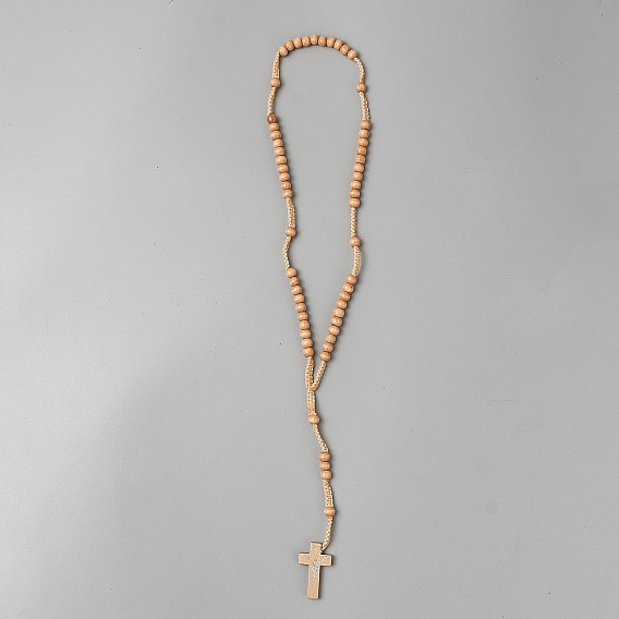 Jesus Cross Pinewood Pendant Polyester Cord Rosary Bead Necklaces for Men Women