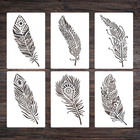 6Pcs 6 Styles Plastic Painting Stencils, Drawing Template, for DIY Scrapbooking, Feather