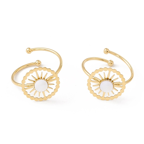 Natural White Shell Sun Open Cuff Ring, Gold Plated 304 Stainless Steel Wire Wrap Jewelry for Women