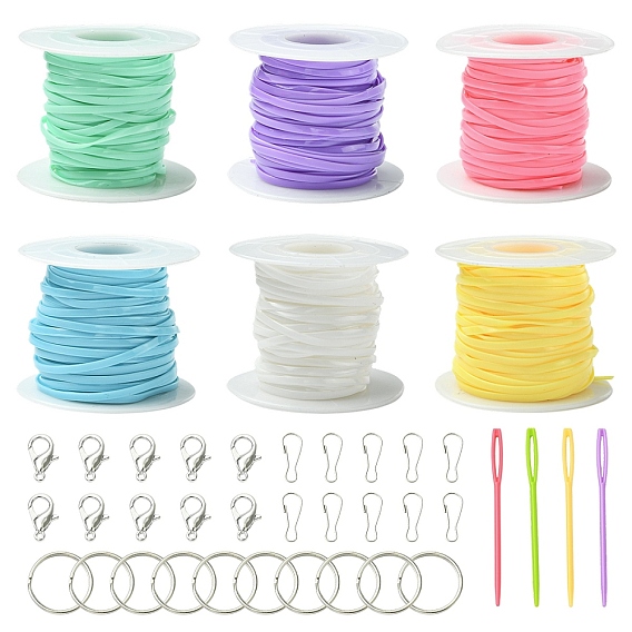 Сделай сам наборы для ключей, включая 6 рулоны резинового шнура, 20 железные разрезные брелоки для ключей, 20застежка-карабин из цинкового сплава, 5 шт. иглы и 20 шт. железная фурнитура для брелка