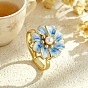 Brass Enamel Rotating Finger Rings for Women, Flower, with Imitation Pearl, Fidget Spinner Ring for Calming Worry Meditation, Golden