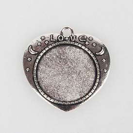 Tibetan Style Alloy Pendant Cabochon Settings, Cadmium Free & Lead Free, Heart with Word Love, For Valentine's Day, Flat Round Tray: 25mm, 37x36x2mm, Hole: 3mm, about 170pcs/kg