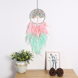 Iron Woven Web/Net with Feather Hanging Ornaments, Flat Round & Tree of Life Plastic Beads for Room Interior Home Decoration