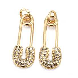 Brass Micro Pave Clear Cubic Zirconia Pendants, Long-Lasting Plated, Safety Pin