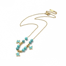 Placage ionique (ip) 304 colliers pendentif papillon en acier inoxydable, colliers de perles turquoises synthétiques pour femmes