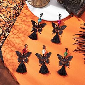Synthetic Turquoise Pendant Docorations, with Zinc Alloy Lobster Claw Clasps and Tassel Pendants, Butterfly with Skull, Black