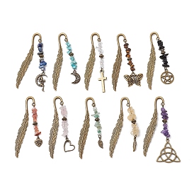 10Pcs Natural Mixed Gemstone Chips Beads and Alloy Pendant Bookmark, Alloy Feather Hook Bookmark, Mixed Shapes